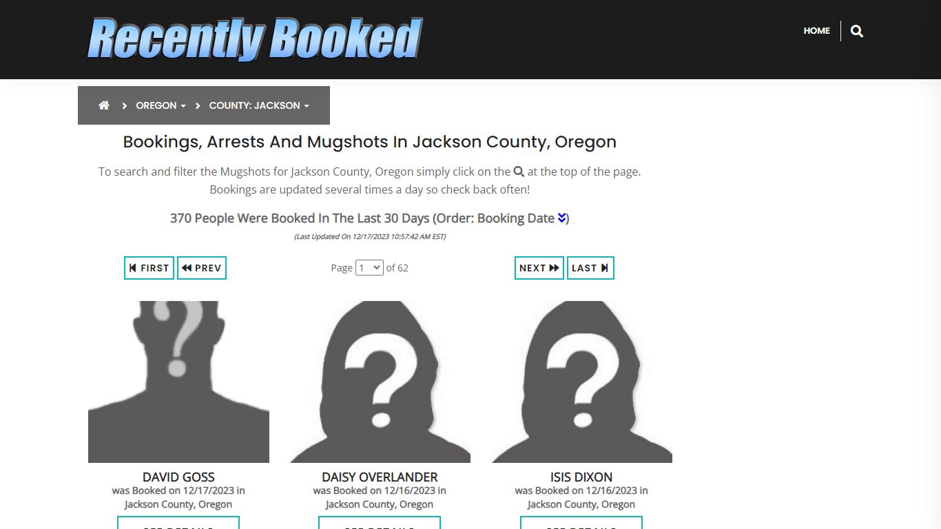 Recent bookings, Arrests, Mugshots in Jackson County, Oregon