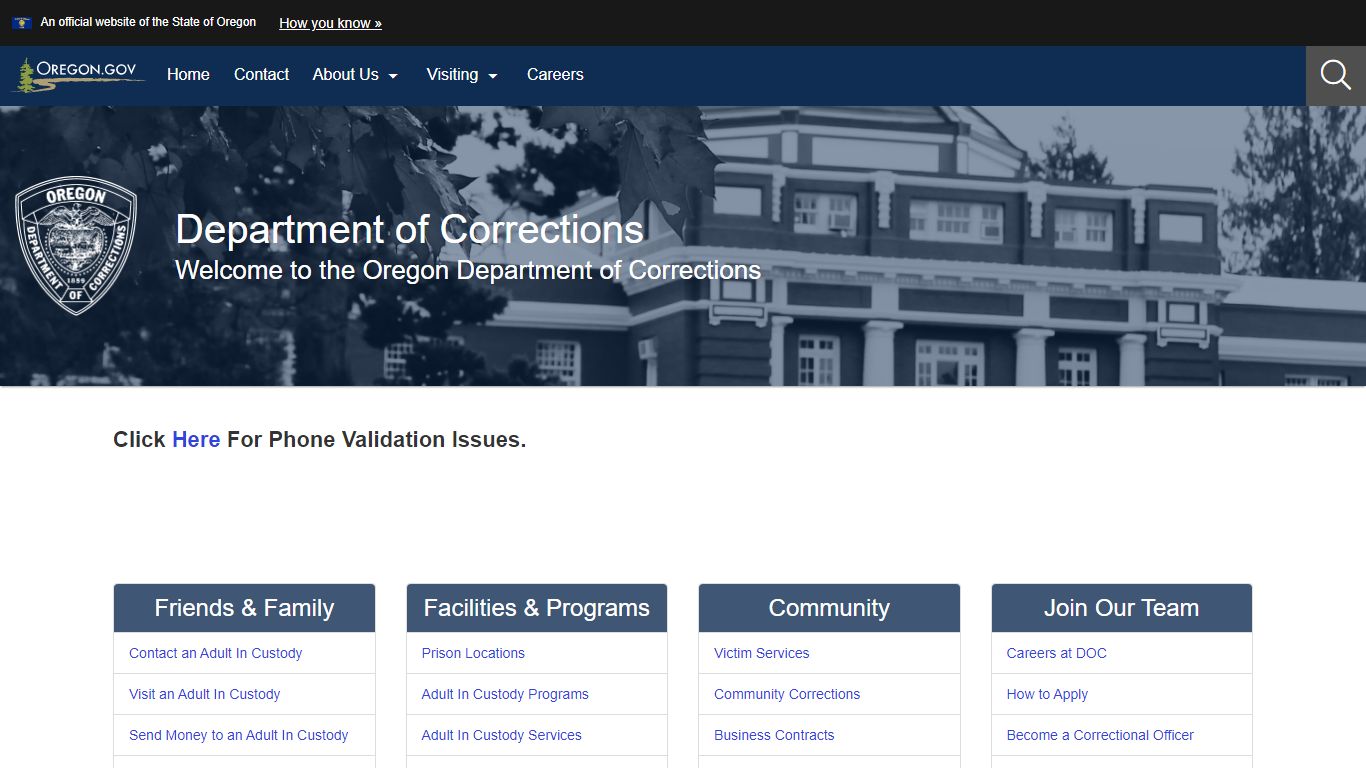 Department of Corrections : Welcome Page : State of Oregon